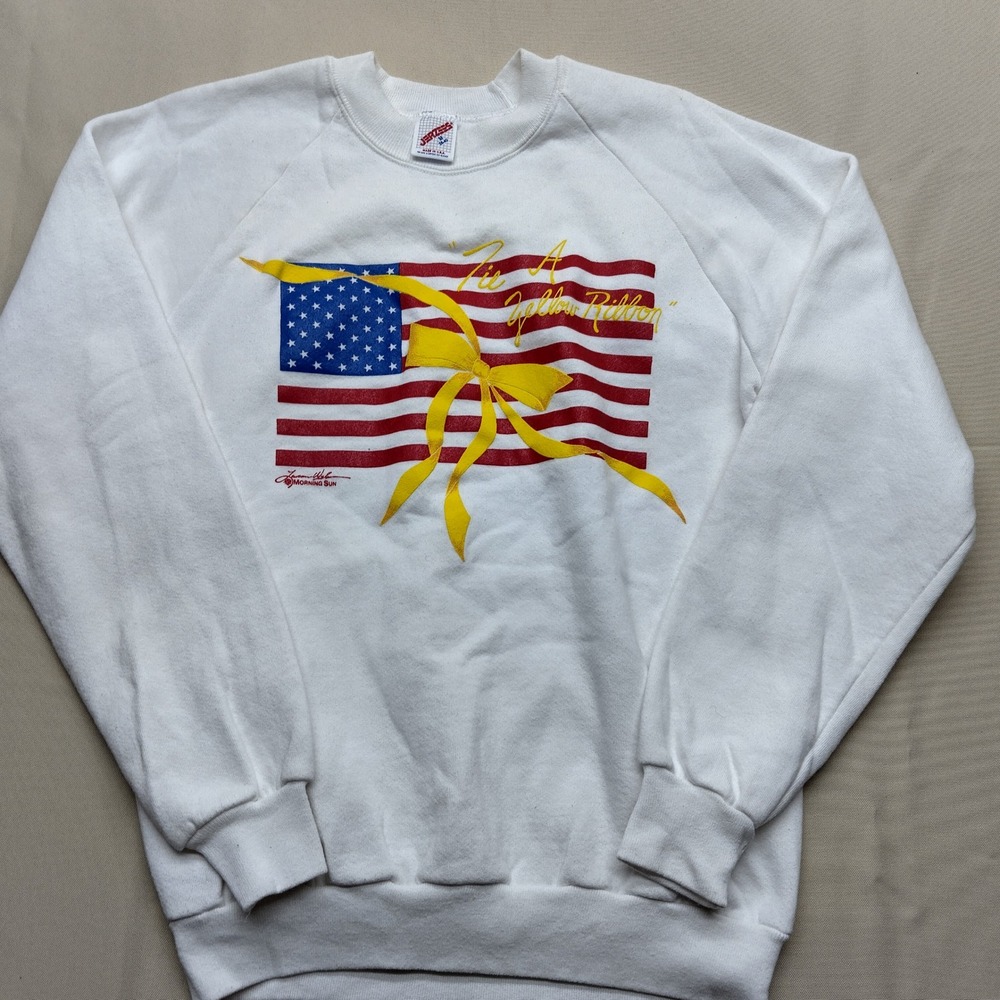 Vintage Jerzees Morning Sun USA Flag Yellow Ribbon Sweatshirt White Medium